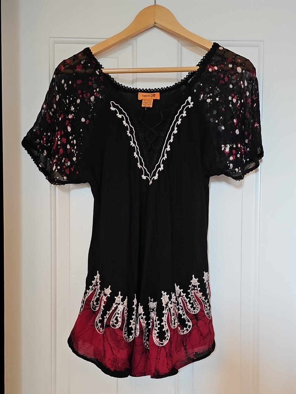 Sakkas Black, Red, & White Embroidered Boho Blouse